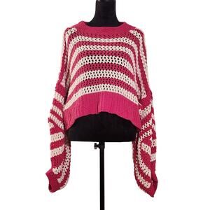 POL Pink and White Chenille Crocheted Sweater, Size Large